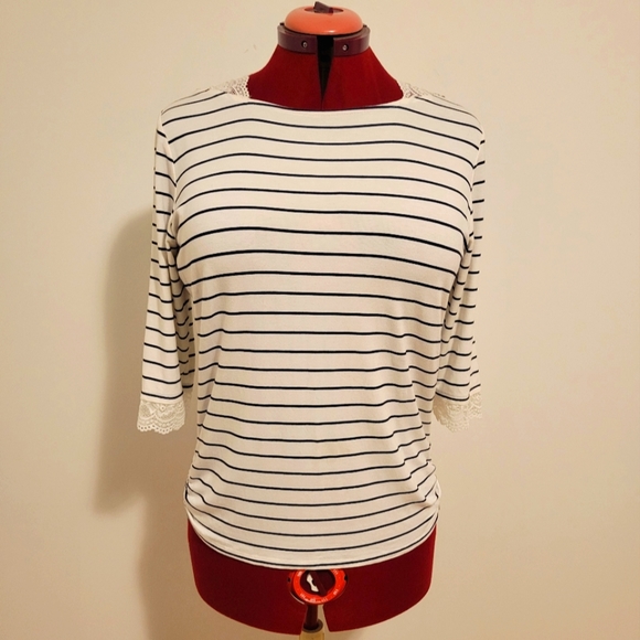 French Dressing Jeans Striped 3/4 Sleeve Ruched Dressy Shirt | Size M - Picture 1 of 9